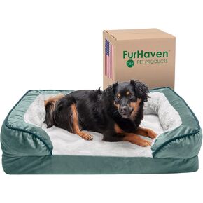 Furhaven Cooling Gel Dog Bed for Medium/Small Dogs w/ Removable Bolsters & Washable Cover, For Dogs Up to 35 lbs - Plush & Velvet Waves Perfect Comfort Sofa - Celadon Green, Medium
