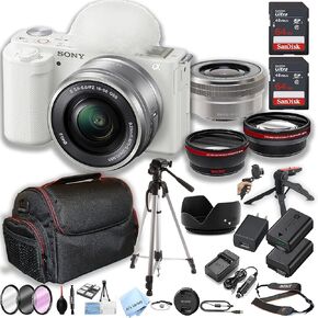 Sony ZV-E10 (White) Mirrorless Camera with 16-50mm Lens 2pcs 64GB Memory + Case+ Tripod + Steady Grip Pod + Filters + Macro + 2X Lens + 2X Batteries + More (34pc Bundle) (Renewed)