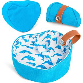 Cute Portable Water and Food Dog Bowl Foldable Travel Dish Pet Hiking Accessories for Small and Medium Pets - Patented - Unique HEARTSHAPED Design Blue/Blue Dolphins