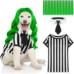 Geyoga Funny Dog Suit Dog Halloween Shirt, Dog Wigs Green, Pet Tie for Puppy Dog Halloween Costume Black White Striped (XL)