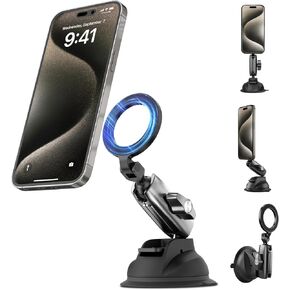 Magnetic Aluminum Suction Cup Car Phone Holder for Video Recording, 360° Adjustment Car Phone Mount Dashboard Phone Holder for Magsafe, Windshield Window Dash Vent Mount for iPhone Android