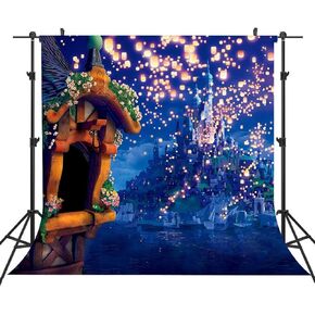 6x6ft Fairytale Castle Backdrops High Tower Long Hair Princess Night Bright Lantern Glitter Light Island Castle Girl Birthday Shower Photography Background YouTube Photo Studio Prop LYST942