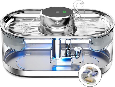 Wireless Cat Water Fountain:Stainless Steel Pet Water Fountain,Ultra Quiet Touch Screen Motion Sensor Dispenser, 3L/101oz |2 Filters,Automatic Double Faucet Pet Water Fountain,Place Anywhere in Saudi Arabia