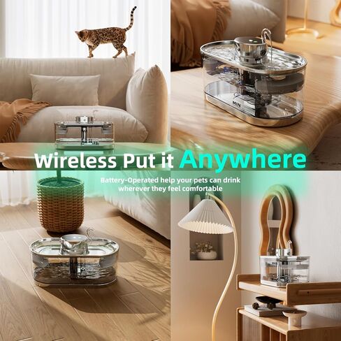 Wireless Cat Water Fountain:Stainless Steel Pet Water Fountain,Ultra Quiet Touch Screen Motion Sensor Dispenser, 3L/101oz |2 Filters,Automatic Double Faucet Pet Water Fountain,Place Anywhere in Saudi Arabia