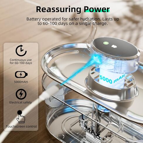 Wireless Cat Water Fountain:Stainless Steel Pet Water Fountain,Ultra Quiet Touch Screen Motion Sensor Dispenser, 3L/101oz |2 Filters,Automatic Double Faucet Pet Water Fountain,Place Anywhere in Saudi Arabia