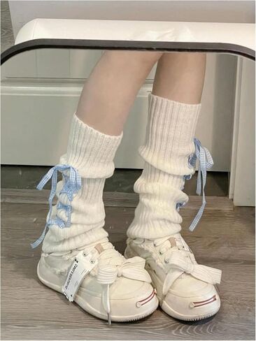 COZYEASE Women's Y2k Bow Tie Side Leg Warmer Solid Party Ribbed Knit Warm Leg Cover Socks in Saudi Arabia