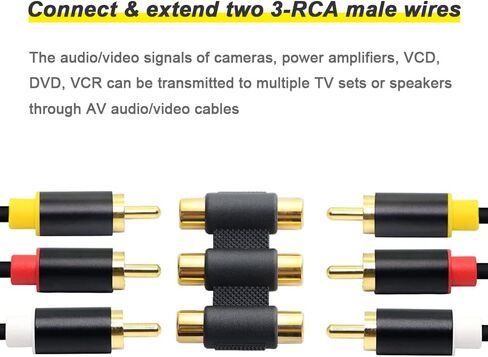 3-RCA أنثى إلى أنثى محول مقرنة، مقابس الصوت والفيديو إلى الرافعات موصل برميل لمكبر الصوت، كابل RCA، مكبر للصوت - أحمر / أصفر / أبيض (6 حزمة) in Saudi Arabia