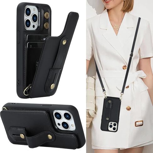 Crossbody Wallet Case for iPhone 16, RFID Blocking PU Leather Lanyard Purse with Card Slots Holder Wrist Strap Kickstand Cover for Women Girls Case for Apple iPhone 16.Removable Black in Kuwait