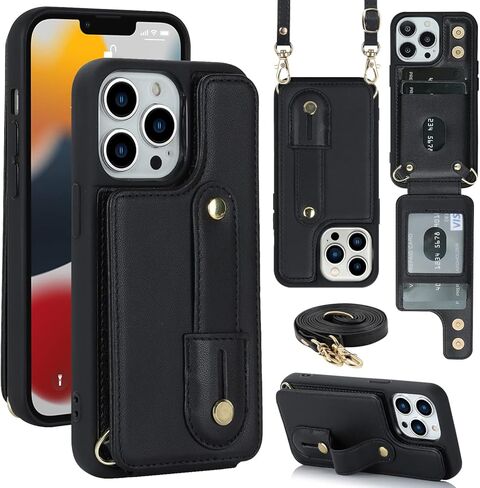 Crossbody Wallet Case for iPhone 16, RFID Blocking PU Leather Lanyard Purse with Card Slots Holder Wrist Strap Kickstand Cover for Women Girls Case for Apple iPhone 16.Removable Black in Kuwait