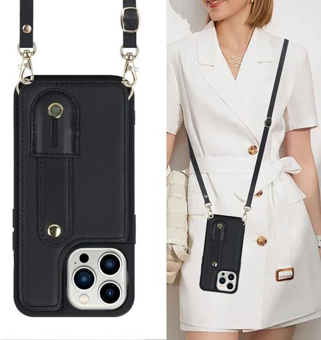 Crossbody Wallet Case for iPhone 16, RFID Blocking PU Leather Lanyard Purse with Card Slots Holder Wrist Strap Kickstand Cover for Women Girls Case for Apple iPhone 16.Removable Black in Kuwait