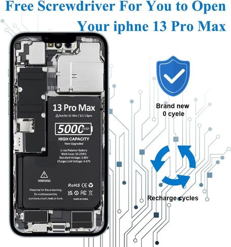 بطارية SHENMZ بقدرة 5000 مللي أمبير في الساعة لهاتف iPhone 13 pro max 2024 سعة جديدة 0 دورة استبدال البطارية لهاتف iPhone 13 pro max موديل A2645 A2644 A2643 A2641 A2484 مع مجموعة أدوات بديلة in Kuwait
