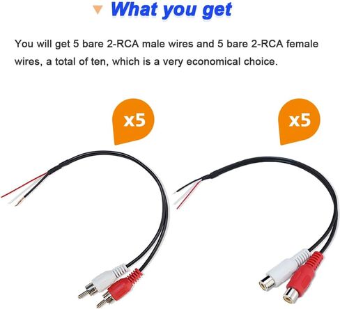 Dual RCA Male to Bare Wire & Dual RCA Female to Bare Wire, Speaker Wire Open End Pigtail Audio Video RCA Cable for Amplifier Receiver Speakers (10 Pack) in Saudi Arabia