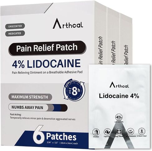 4% Lidocaine Patches(6 Pcs), Maximum Strength Lidocaine Pain Relief Patch for Ache Back, Neck, Shoulders, Knees, Elbows, Joint, Muscle, Individually Packed in Saudi Arabia