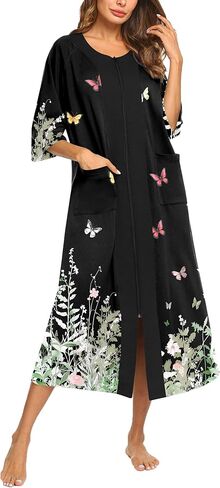 Ekouaer Women's Zipper Robe 3/4 Sleeve Housecoats Full Length House Dress Loungewear Long Nightgown with Pockets in Kuwait