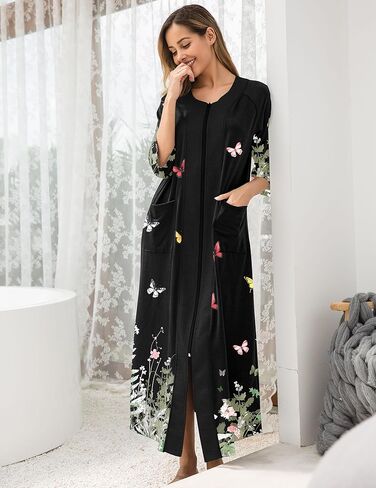 Ekouaer Women's Zipper Robe 3/4 Sleeve Housecoats Full Length House Dress Loungewear Long Nightgown with Pockets in Kuwait