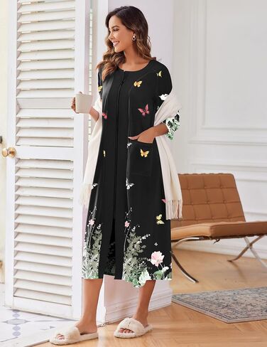 Ekouaer Women's Zipper Robe 3/4 Sleeve Housecoats Full Length House Dress Loungewear Long Nightgown with Pockets in Kuwait