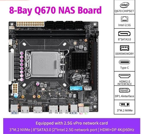 اللوحة الأم Q670 8-Bay NAS مناسبة لوحدة المعالجة المركزية من الجيل 12/13/14 | 3X M.2 NVMe | 8X SATA3.0 | 2X منفذ شبكة Intel 2.5G in Kuwait