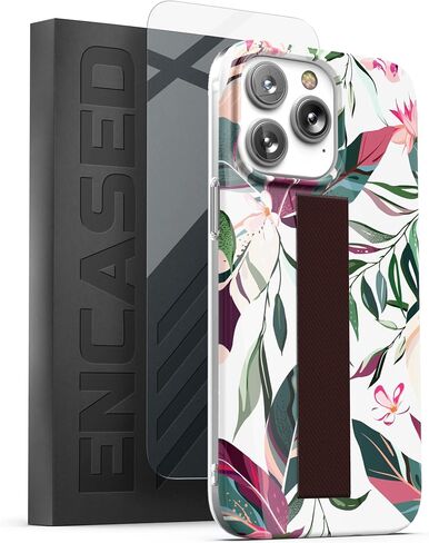 ENCASED Hand Loop Case for iPhone 14 PRO Case with Strap and Tempered Screen Protector (Maroon Green Leaf) in Saudi Arabia