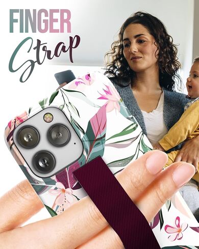 ENCASED Hand Loop Case for iPhone 14 PRO Case with Strap and Tempered Screen Protector (Maroon Green Leaf) in Saudi Arabia