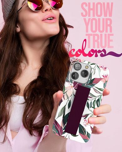 ENCASED Hand Loop Case for iPhone 14 PRO Case with Strap and Tempered Screen Protector (Maroon Green Leaf) in Saudi Arabia