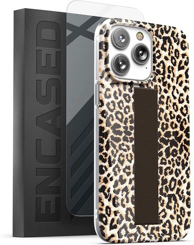 ENCASED Hand Loop Case for iPhone 14 PRO Case with Strap and Tempered Screen Protector (Maroon Green Leaf) in Saudi Arabia