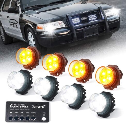 Xprite White LED Hideaway Emergency Strobe Lights Kit, 20 Flashing Modes w/Controller Headlights Taillights Fog Light Mounting, Hazard Warning Caution Light for 12V Vehicles Pickup Trucks Vans 8 PCS in Saudi Arabia