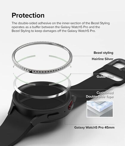 تصميم Ringke Bezel [إطار أنيق من الفولاذ المقاوم للصدأ] متوافق مع حافظة Samsung Galaxy Watch 5 Pro، غطاء لاصق واقٍ مضاد للخدش - 45-01 (ST) فضي in Saudi Arabia