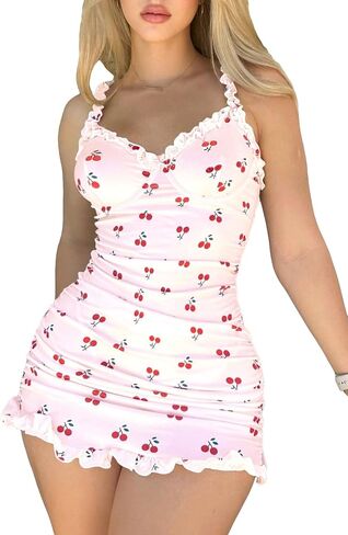 Women's 2 Piece Lingerie Set Cherry Print Frill Ruched Bodycon Babydoll Dress Nightgown with Panty in Saudi Arabia