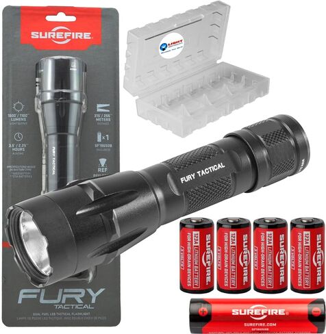Sure Fire Fury DFT 1500 Lumen كشاف LED تكتيكي أحادي الإخراج حزمة سوداء مع 4 بطاريات 123A إضافية وحالة بطارية Lightjunction in Kuwait