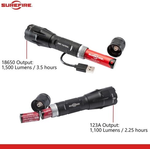 Sure Fire Fury DFT 1500 Lumen كشاف LED تكتيكي أحادي الإخراج حزمة سوداء مع 4 بطاريات 123A إضافية وحالة بطارية Lightjunction in Kuwait