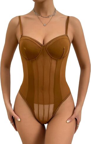 Lilosy Sexy Strappy Wireless Mesh Sheer Babydoll Lingerie Women Teddy Bodysuit Corset Bustier Nightgown Nightshirt See Through One Piece Light Pink Medium in Saudi Arabia