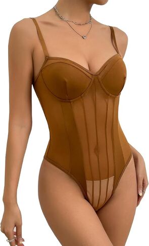 Lilosy Sexy Strappy Wireless Mesh Sheer Babydoll Lingerie Women Teddy Bodysuit Corset Bustier Nightgown Nightshirt See Through One Piece Light Pink Medium in Saudi Arabia