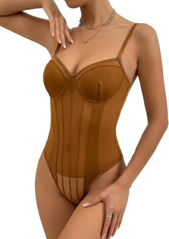 Lilosy Sexy Strappy Wireless Mesh Sheer Babydoll Lingerie Women Teddy Bodysuit Corset Bustier Nightgown Nightshirt See Through One Piece Light Pink Medium in Saudi Arabia