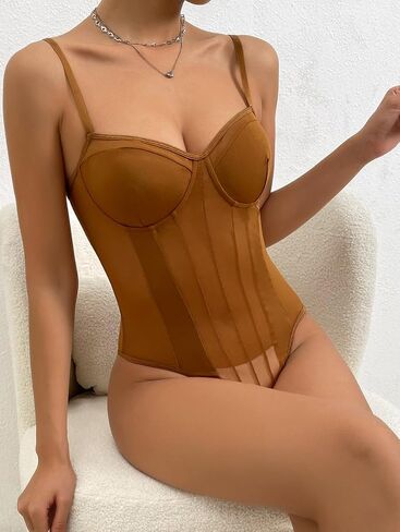 Lilosy Sexy Strappy Wireless Mesh Sheer Babydoll Lingerie Women Teddy Bodysuit Corset Bustier Nightgown Nightshirt See Through One Piece Light Pink Medium in Saudi Arabia