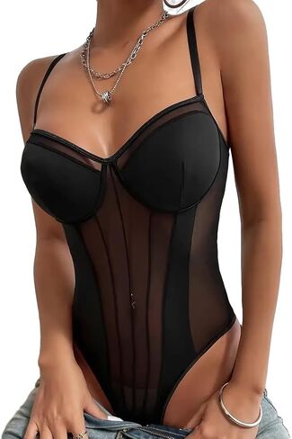 Lilosy Sexy Strappy Wireless Mesh Sheer Babydoll Lingerie Women Teddy Bodysuit Corset Bustier Nightgown Nightshirt See Through One Piece Light Pink Medium in Saudi Arabia