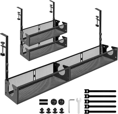 Under Desk Cable Management Tray 2 Pack, Under Desk Cord Organizer with Clamp, No Drilling Under Table Wire Management Tray for Home Office Standing Desk, No Damage to Desk, Black in Saudi Arabia