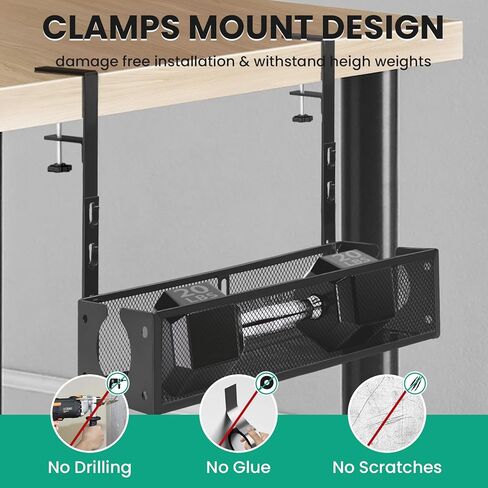 Under Desk Cable Management Tray 2 Pack, Under Desk Cord Organizer with Clamp, No Drilling Under Table Wire Management Tray for Home Office Standing Desk, No Damage to Desk, Black in Saudi Arabia