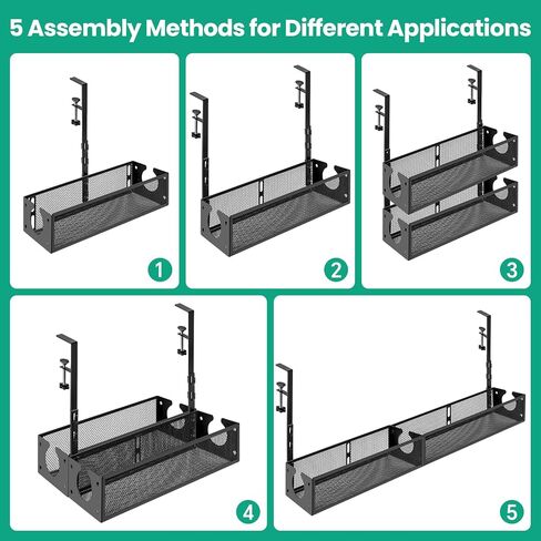 Under Desk Cable Management Tray 2 Pack, Under Desk Cord Organizer with Clamp, No Drilling Under Table Wire Management Tray for Home Office Standing Desk, No Damage to Desk, Black in Saudi Arabia
