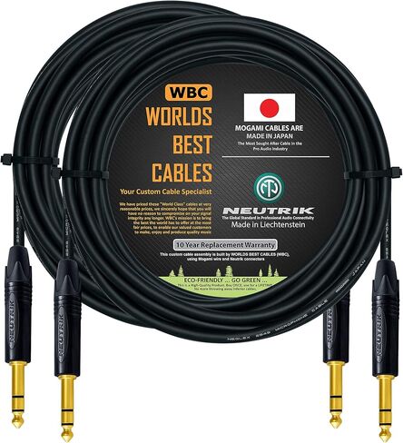 WORLDS BEST CABLES 2 Units - 20 Foot - Balanced TRS Patch Cable Custom Made Using Mogami 2549 (Black) Wire and Neutrik NP3X-B Gold TRS Stereo Plugs in Saudi Arabia