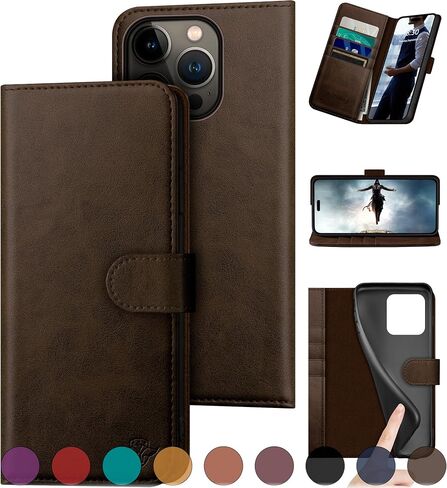 Compatible with iPhone 16 Pro 6.3" Genuine Leather Wallet case【RFID Blocking】【4 Credit Card Holder】【Real Leather】 Flip Folio Book Phone case Cover Women Men for Apple 16 Pro case Wine Red in Saudi Arabia