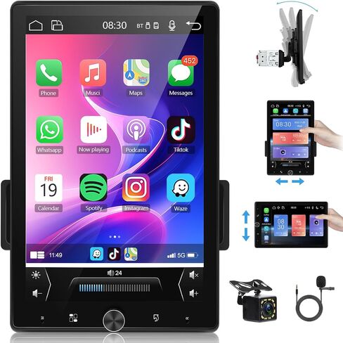 10.4 inch Single Din Radio Car Stereo with Wireless CarPlay Android Auto, Rotatable Touch Screen Head Unit with Bluetooth/Mirror Link/16-Band EQ Audio/SWC/FM/USB/TF/AUX Backup Camera in Saudi Arabia