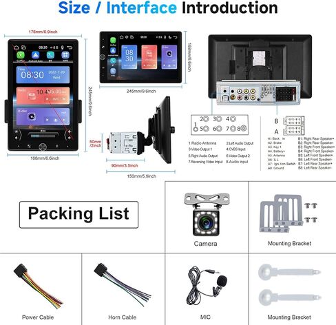 10.4 inch Single Din Radio Car Stereo with Wireless CarPlay Android Auto, Rotatable Touch Screen Head Unit with Bluetooth/Mirror Link/16-Band EQ Audio/SWC/FM/USB/TF/AUX Backup Camera in Saudi Arabia