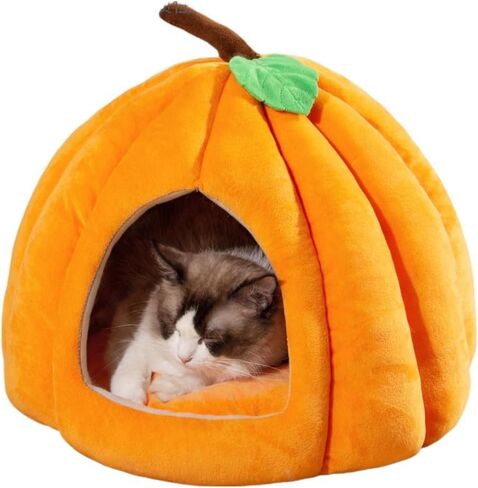 Cat Beds for Indoor Cats, Pumpkin Cat House,Cute Pumpkin Shape Cat Cave Bed Cat Tent with Removable Cushion, Warm Cave Nest Sleeping Bed Puppy House for Cats Small Dogs (Orange, 22 in) in Saudi Arabia