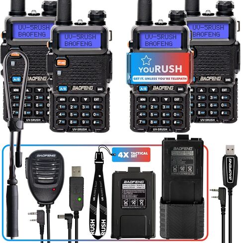 مجموعة راديو Ham التكتيكية - 4 حزم UV-5RUSH 8W 2Way Radio مع بطاريات 3800 مللي أمبير و2800 مللي أمبير في الساعة، هوائي تكتيكي قابل للطي، ميكروفون مكبر صوت PTT، شاحن USB، كابل برنامج Chirp متوافق مع Baofeng in Saudi Arabia