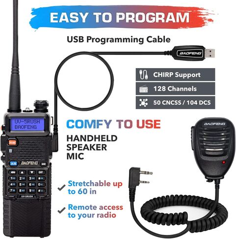 مجموعة راديو Ham التكتيكية - 4 حزم UV-5RUSH 8W 2Way Radio مع بطاريات 3800 مللي أمبير و2800 مللي أمبير في الساعة، هوائي تكتيكي قابل للطي، ميكروفون مكبر صوت PTT، شاحن USB، كابل برنامج Chirp متوافق مع Baofeng in Saudi Arabia
