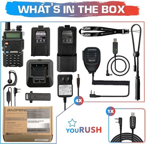 مجموعة راديو Ham التكتيكية - 4 حزم UV-5RUSH 8W 2Way Radio مع بطاريات 3800 مللي أمبير و2800 مللي أمبير في الساعة، هوائي تكتيكي قابل للطي، ميكروفون مكبر صوت PTT، شاحن USB، كابل برنامج Chirp متوافق مع Baofeng in Saudi Arabia