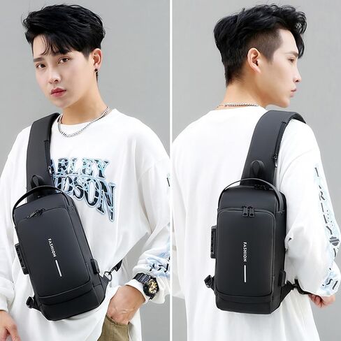 Sling Bag for Men Anti-theft USB Crossbody Shoulder Backpack Purse Waterproof PU Leather Chest Bag Travel Daily Use in Saudi Arabia