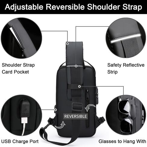 Sling Bag for Men Anti-theft USB Crossbody Shoulder Backpack Purse Waterproof PU Leather Chest Bag Travel Daily Use in Saudi Arabia