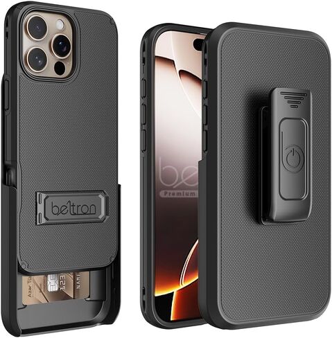 مجموعة حافظة BELTRON لهاتف iPhone 16 Pro، حافظة حماية رفيعة لكامل الجسم ومشبك حزام دوار 3 في 1 مع مسند وحامل بطاقات (متوافق مع MagSafe) in Kuwait