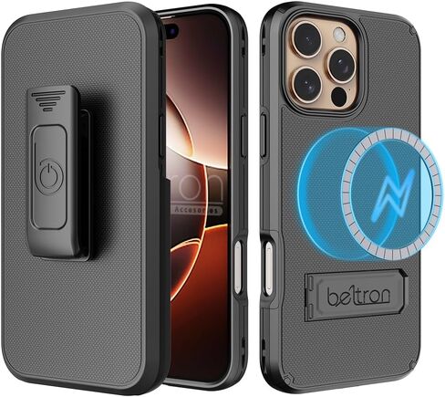 مجموعة حافظة BELTRON لهاتف iPhone 16 Pro، حافظة حماية رفيعة لكامل الجسم ومشبك حزام دوار 3 في 1 مع مسند وحامل بطاقات (متوافق مع MagSafe) in Kuwait